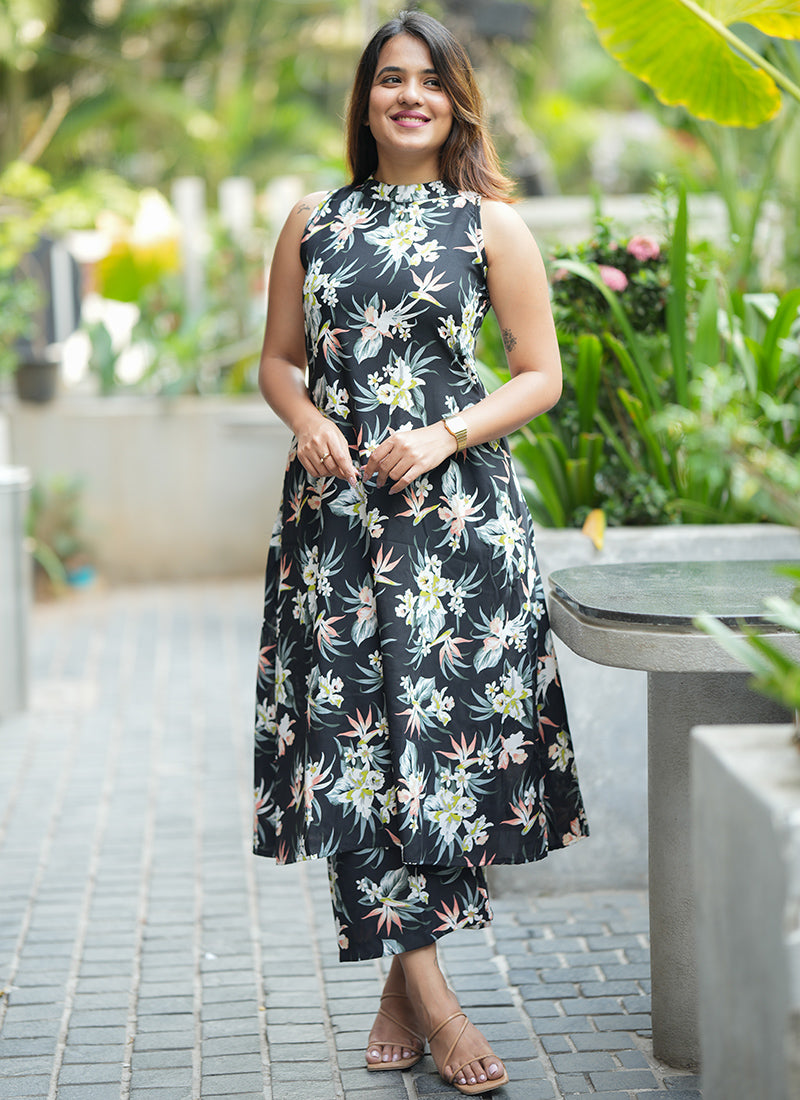 Black Rayon Flower Printed Casual Cord Set – Shinisha