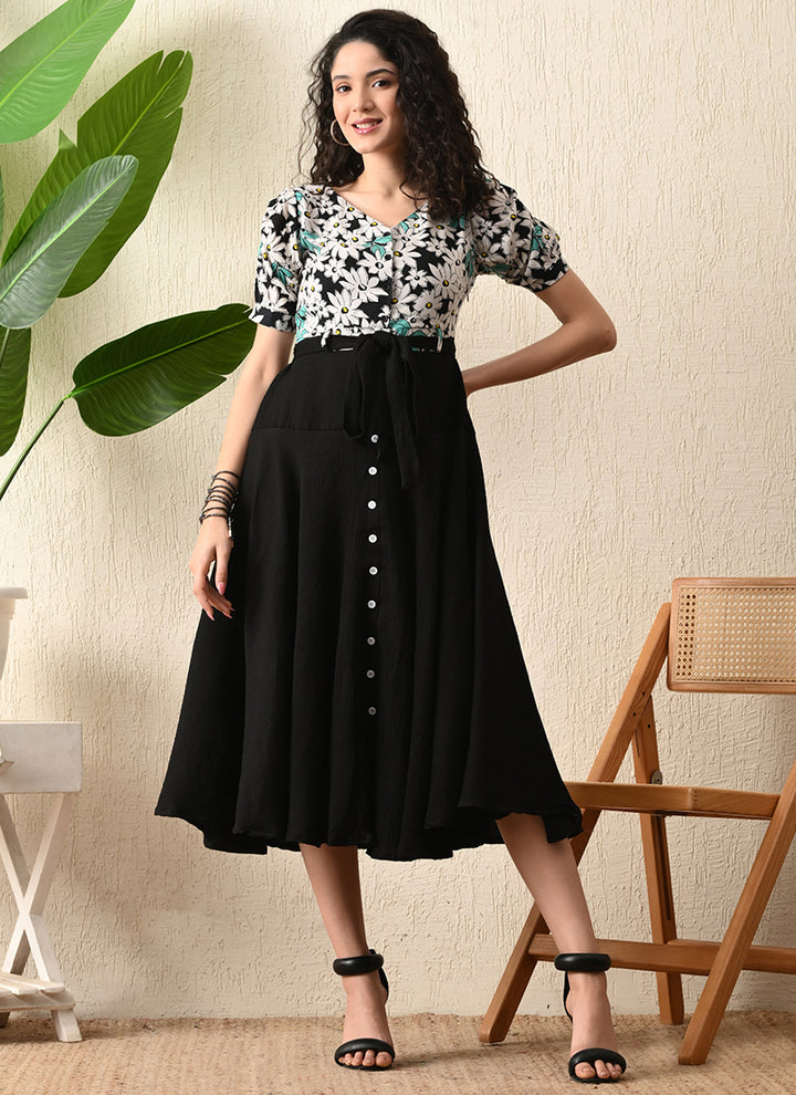Black Rayon Flower Printed Western Dress