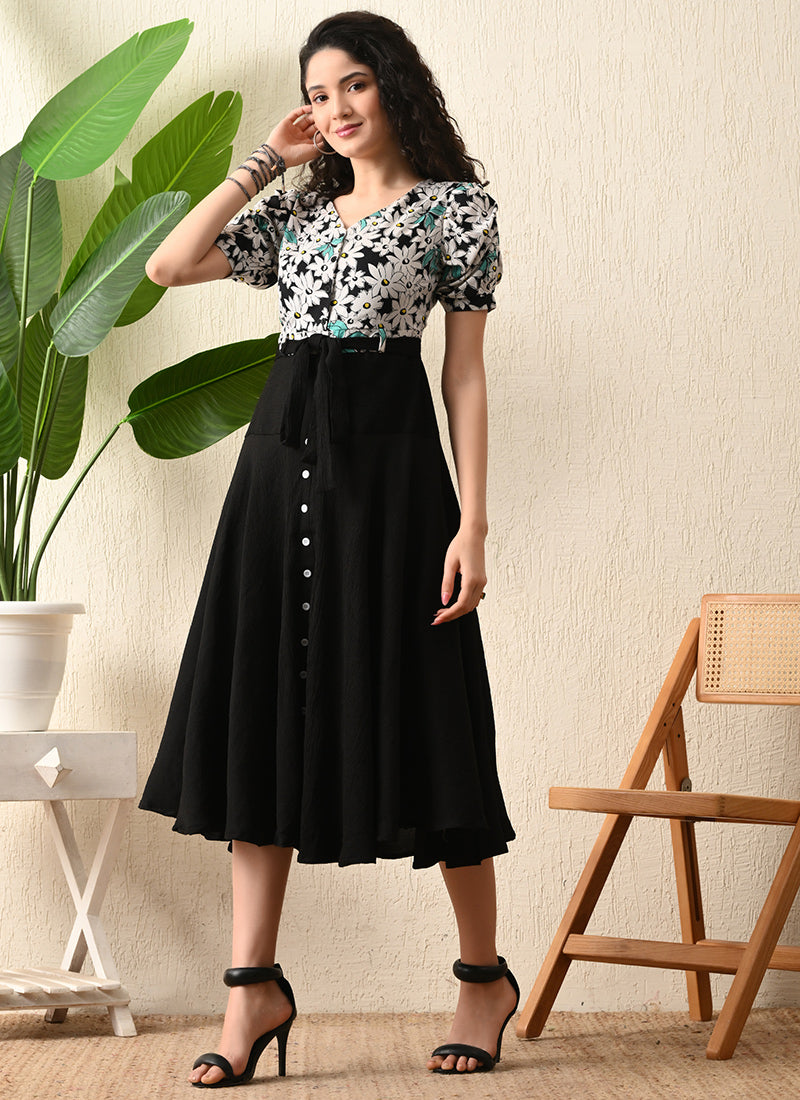 Black Rayon Flower Printed Western Dress