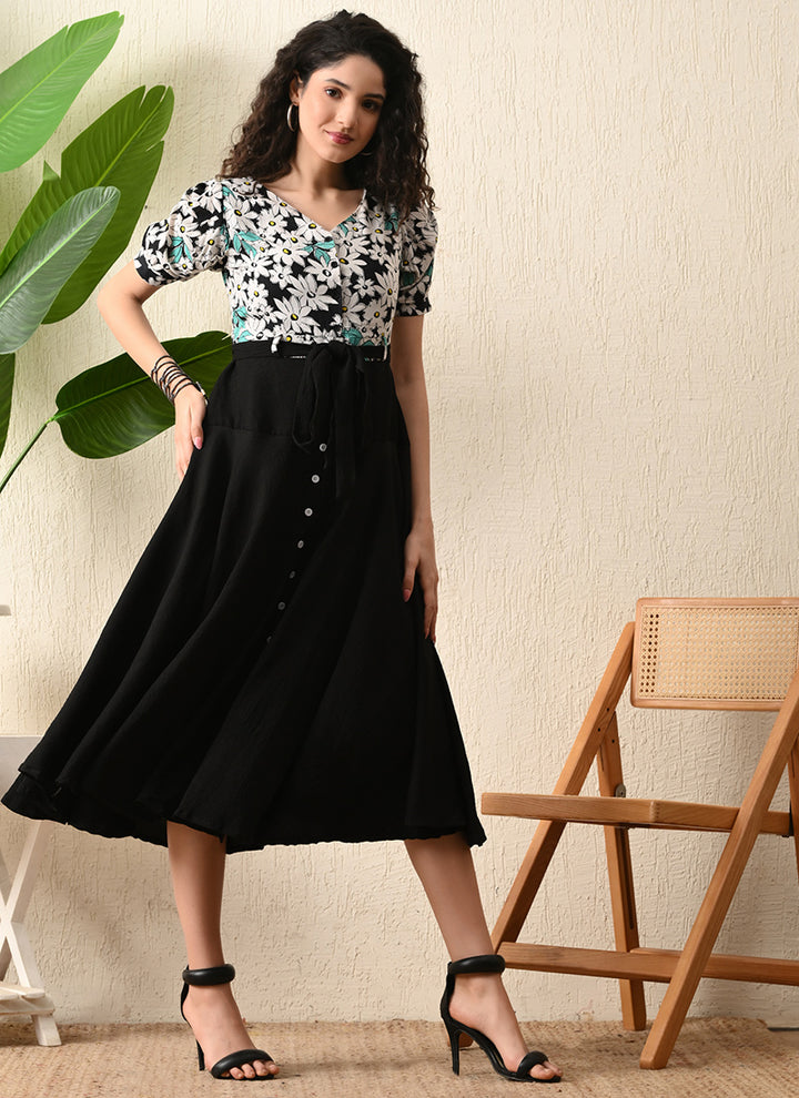 Black Rayon Flower Printed Western Dress
