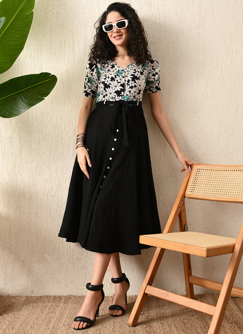 Black Rayon Flower Printed Western Dress