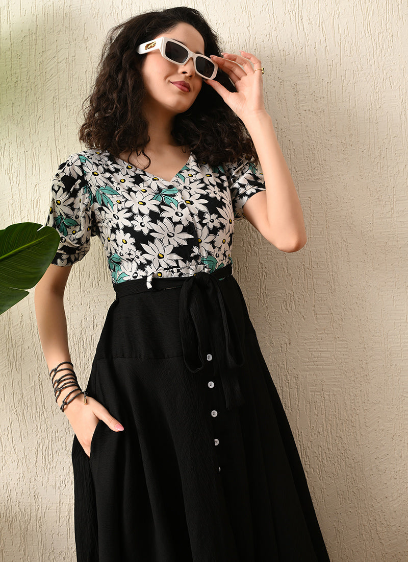 Black Rayon Flower Printed Western Dress