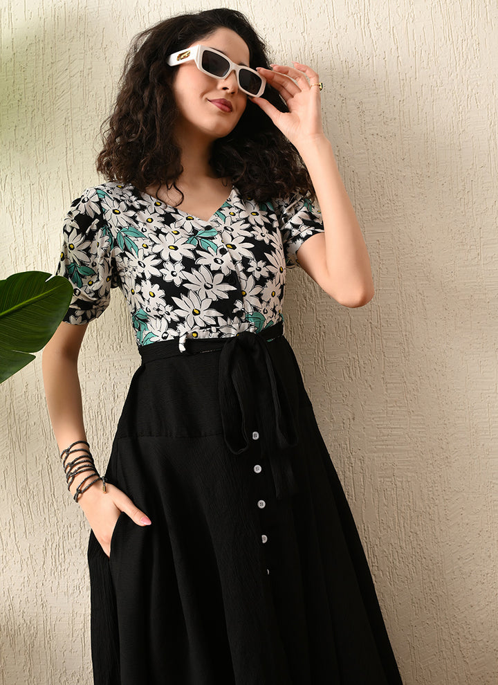 Black Rayon Flower Printed Western Dress