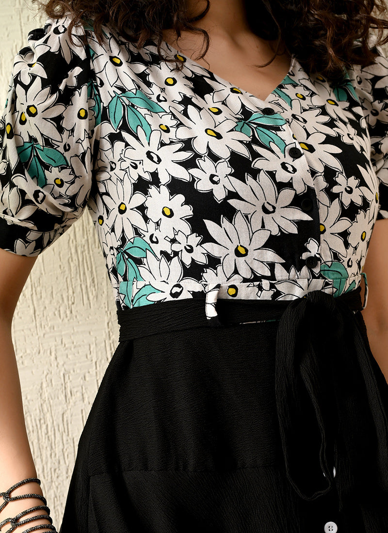 Black Rayon Flower Printed Western Dress