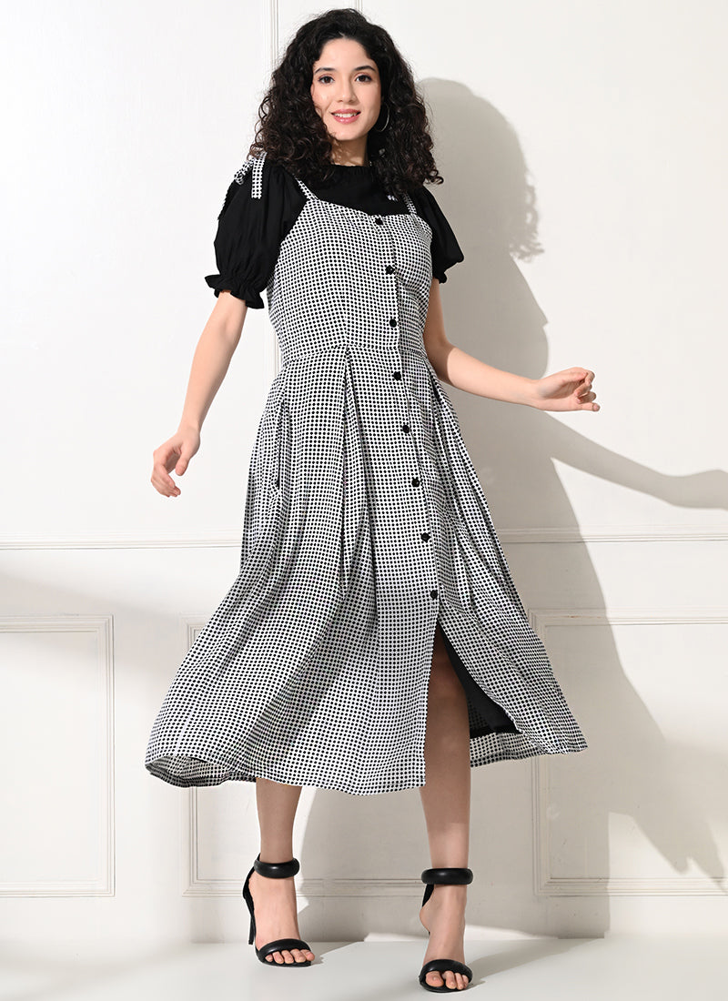 Black Rayon Chex Printed Dungaree Dress – Shinisha