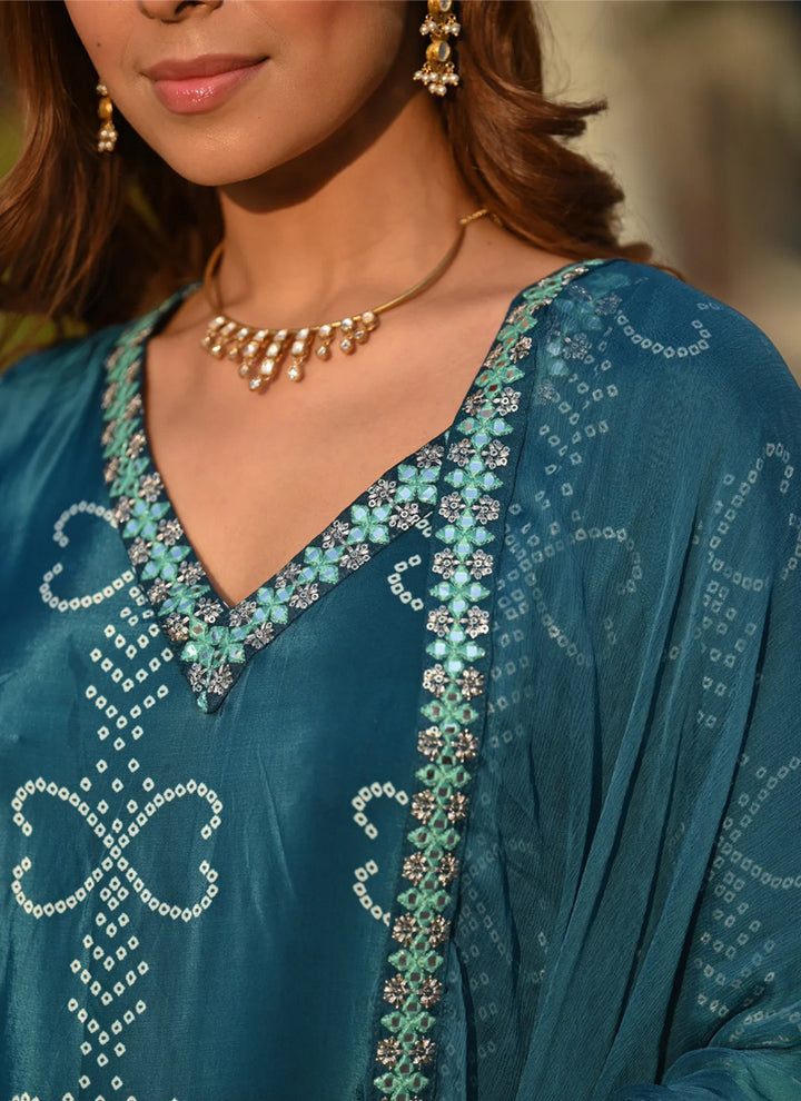 Blue And Green Shaded Bandhani Style Straight Kurta Set