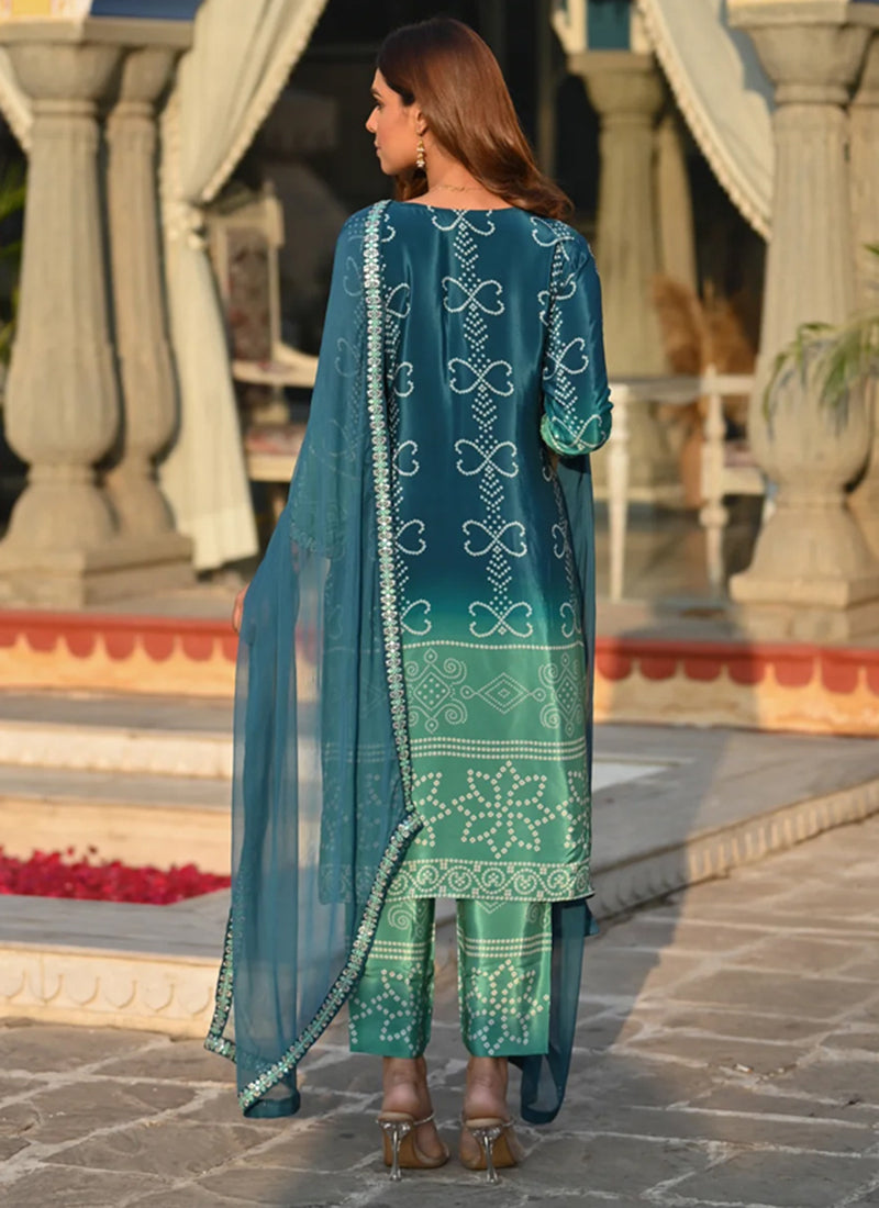 Blue And Green Shaded Bandhani Style Straight Kurta Set