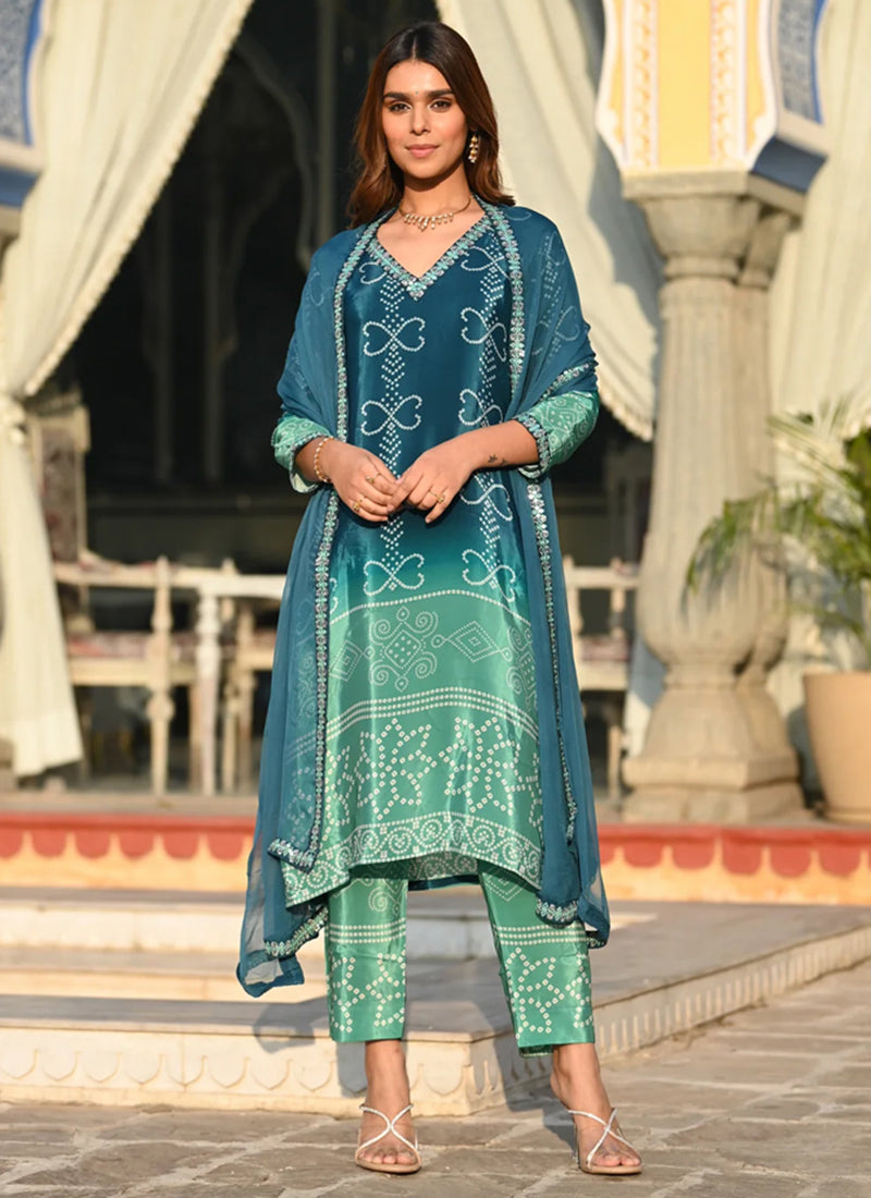 Blue And Green Shaded Bandhani Style Straight Kurta Set