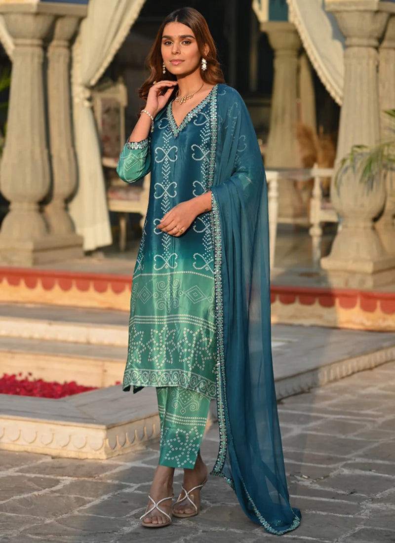 Blue And Green Shaded Bandhani Style Straight Kurta Set