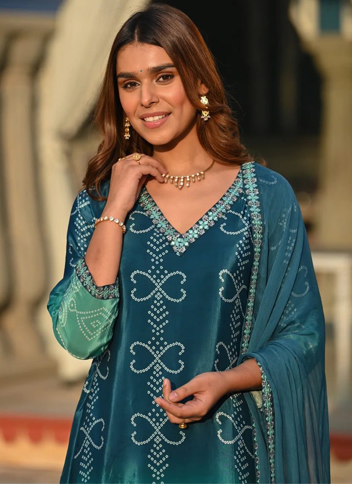 Blue And Green Shaded Bandhani Style Straight Kurta Set