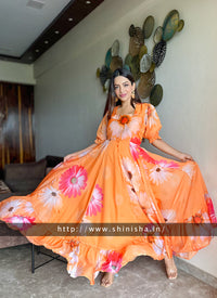 Orange Floral Printed Organza Partywear Maxi Dress