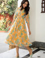 Mustard Georgette Floral Printed Flared Midi Dress