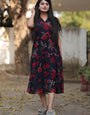Navy Blue Georgette With Red Flower Printed Western Midi Dress
