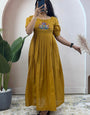 Mustard Mul Cotton Handwork Festive Wear Dress