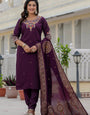 Wine Thread Embroidered Roman Silk Salwar Set