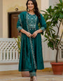 Teal Viscose Roman Silk Layered Kurta Set
