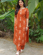 Orange Cotton Blend Printed Straight Kurta And Pant