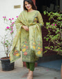 Green Straight Cut Woven Cotton Kurta And Dupatta