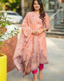 Pink Straight Cut Woven Cotton Kurta And Dupatta