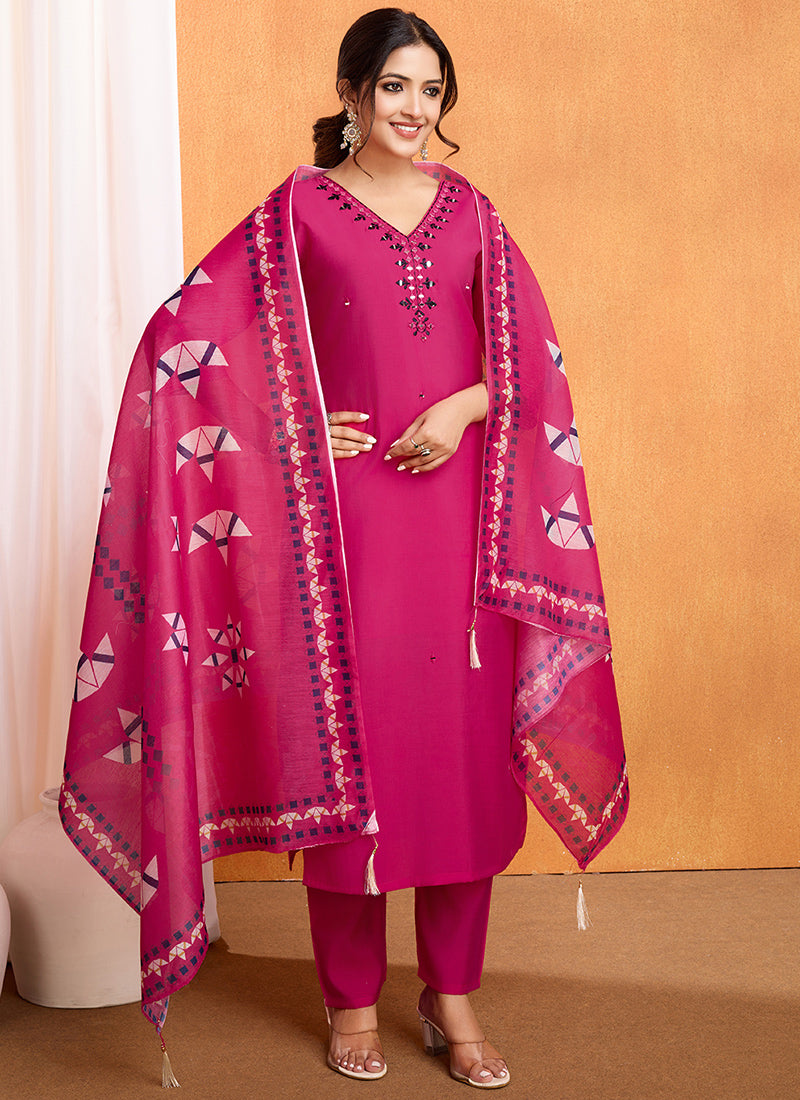 Pink Silk Embroidered Kurta With Trousers And Dupatta
