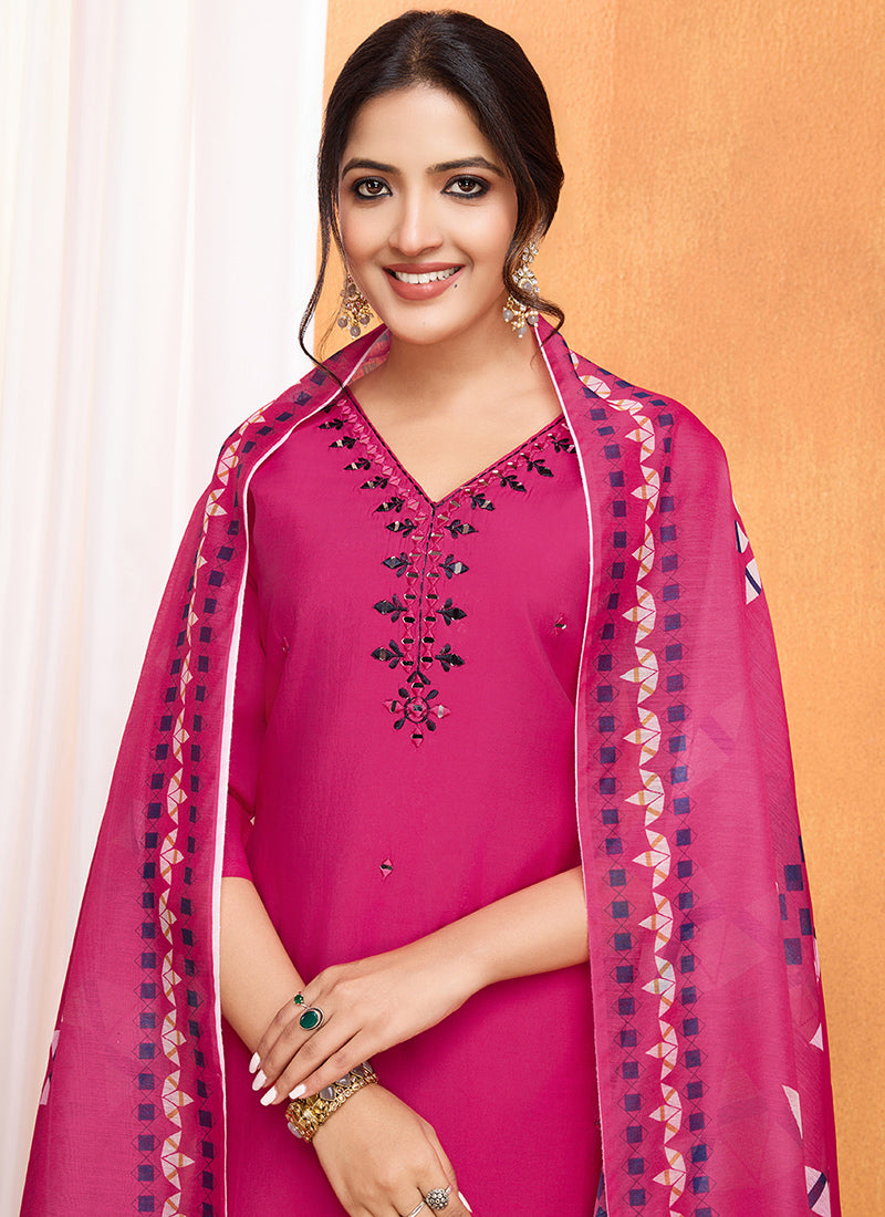 Pink Silk Embroidered Kurta With Trousers And Dupatta