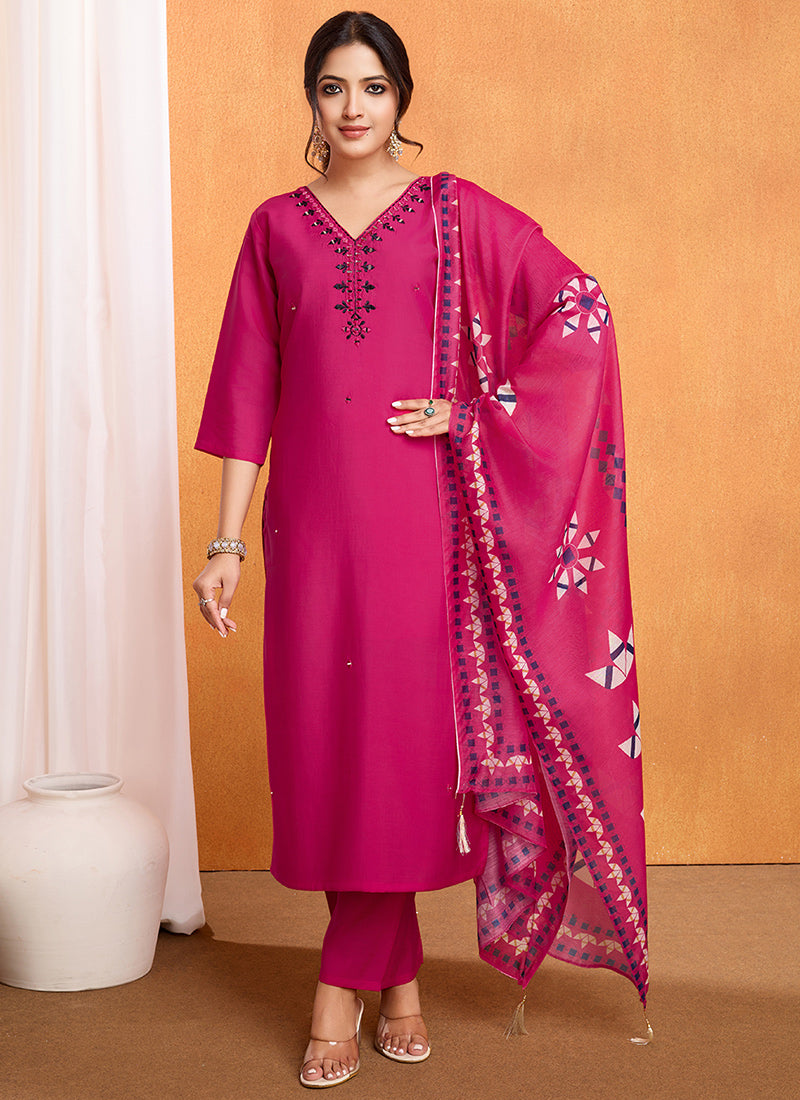 Pink Silk Embroidered Kurta With Trousers And Dupatta