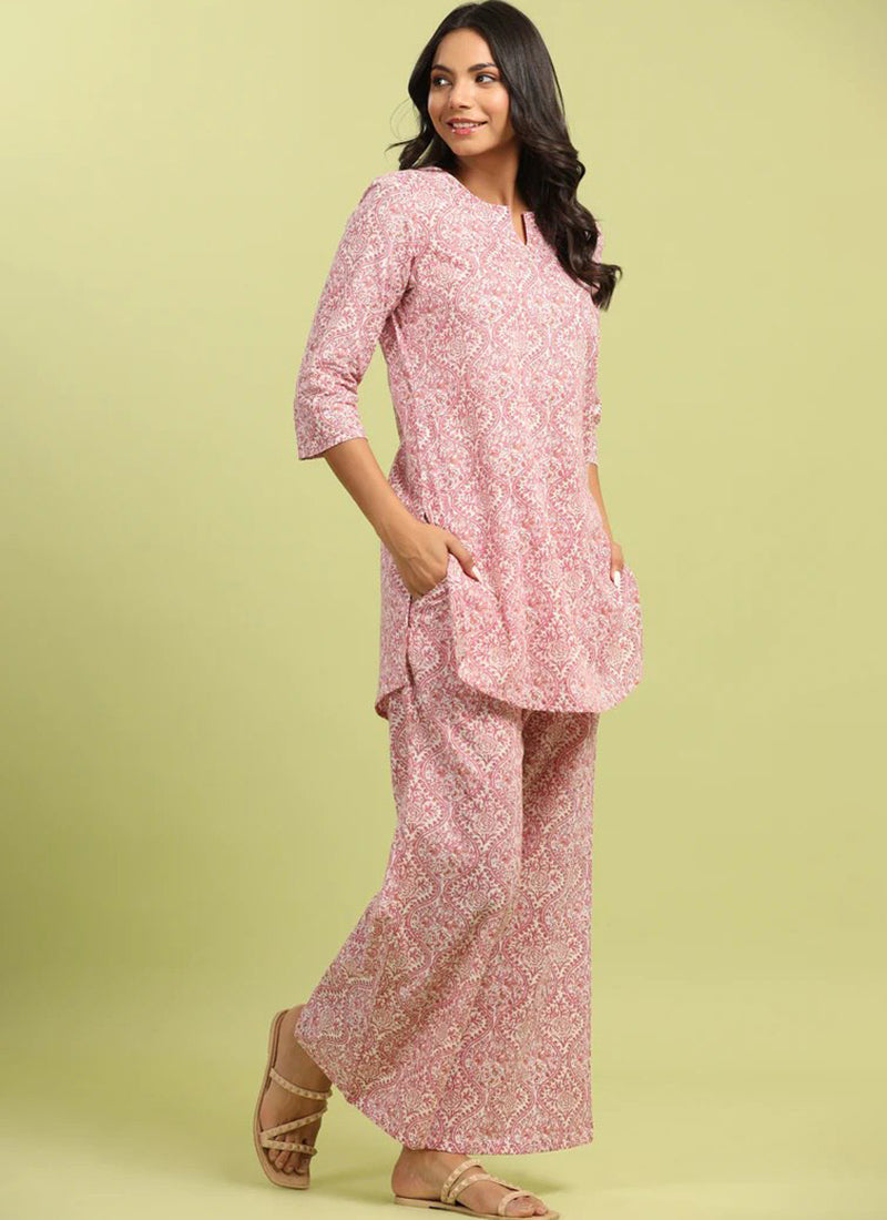 Lovable Pink Color Jharokha Print Cotton Blend Casual Cord Set