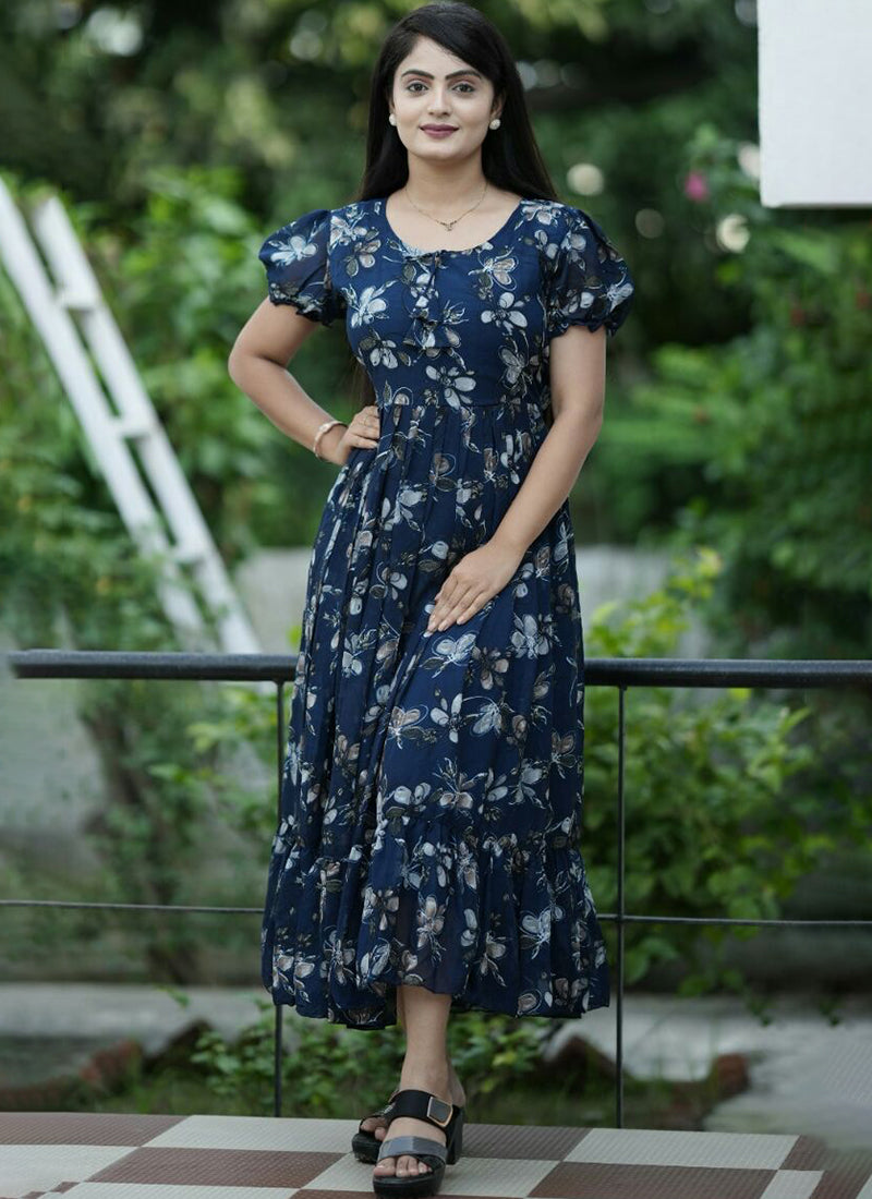 Amusing Royal Blue Floral Printed Georgette Maxi Dress – Shinisha