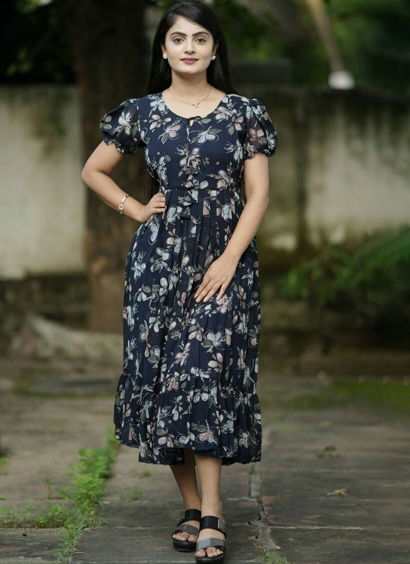 Imperial Navy Blue Flower Printed Beach Wear Maxi Dress Shinisha Imperial Navy Blue Flower Printed Beach Wear Maxi Dress Shinisha