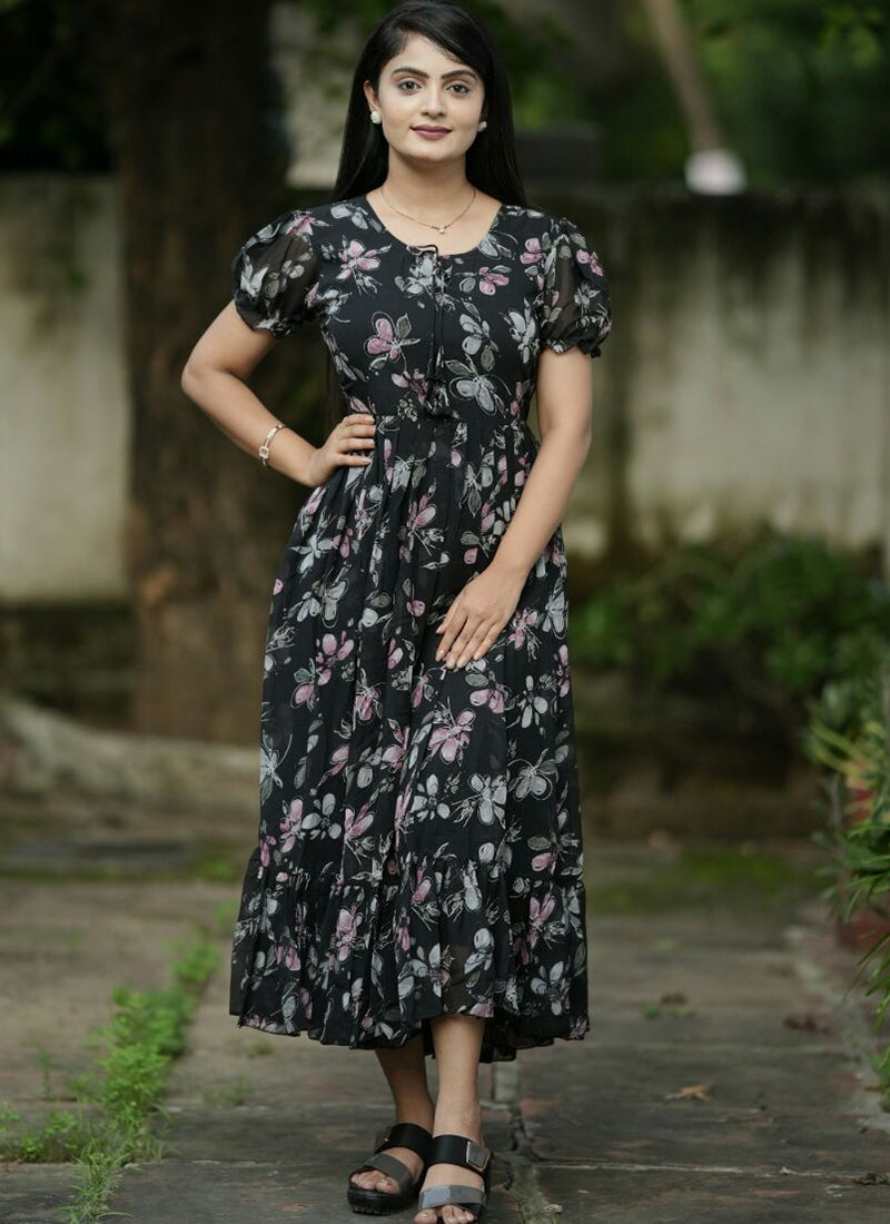 georgette maxi dress with sleeves Black Georgette Maxi Dress With Floral Print – Shinisha