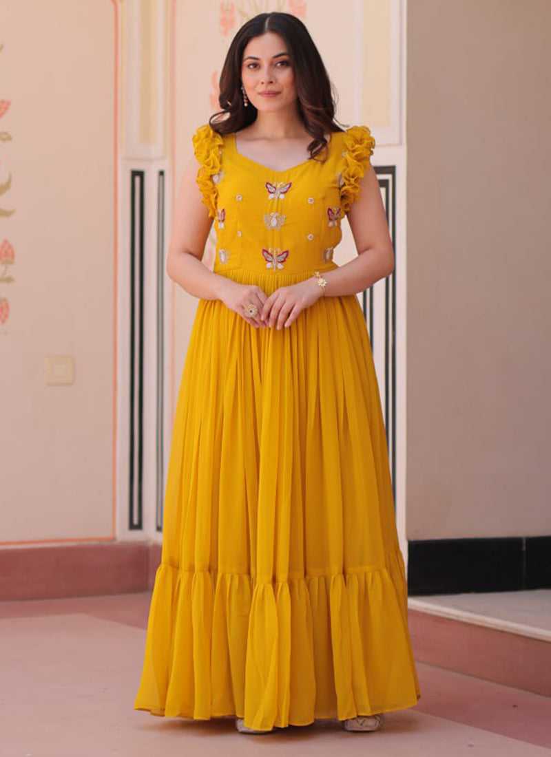 Yellow Floral Print Maxi Dress With Embroidery Work – Shinisha