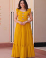 Yellow Floral Print Maxi Dress With Embroidery Work