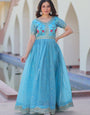 Sky Blue Floor Length Party Wear Maxi Dress