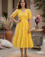 Yellow Muslin Gingham Daisy Printed Tiered Midi Dress