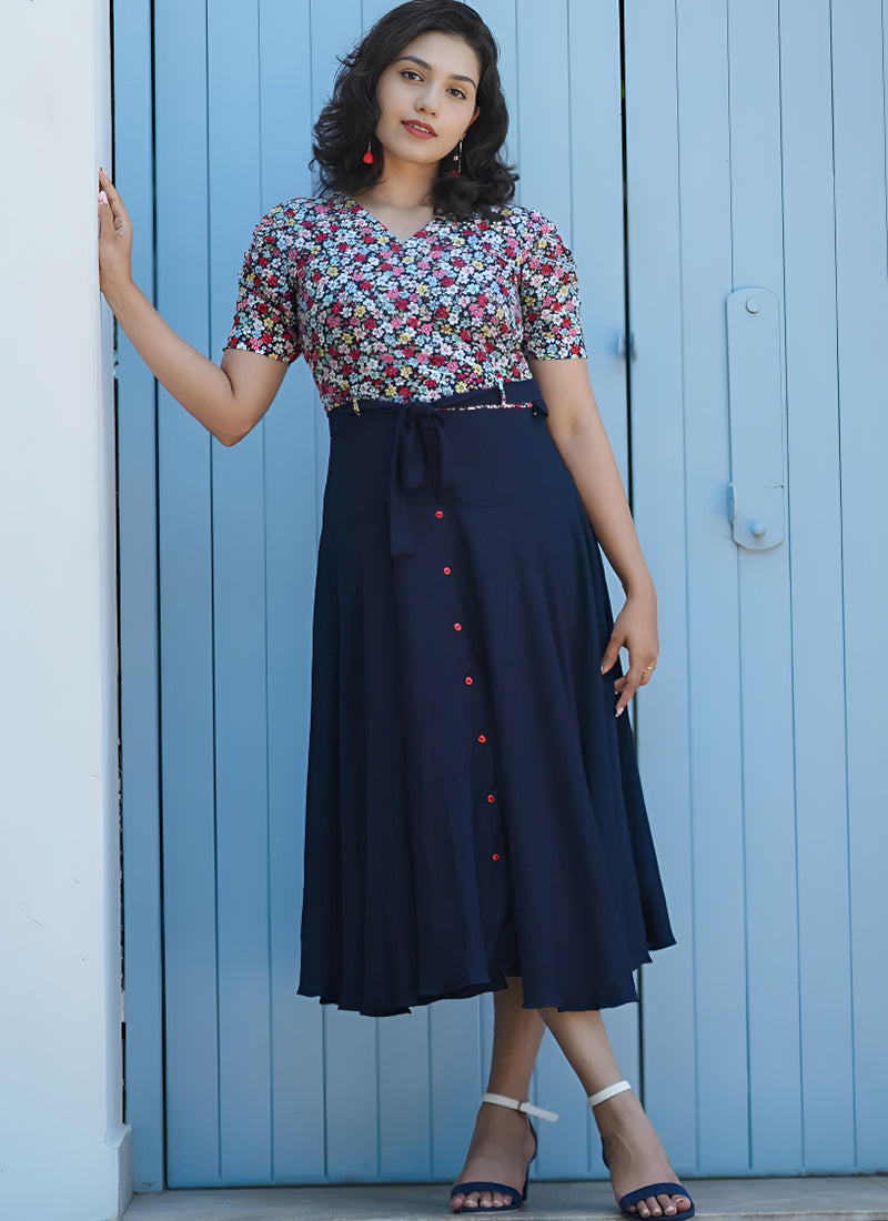 Navy Blue Rayon Flower Printed Western Dress