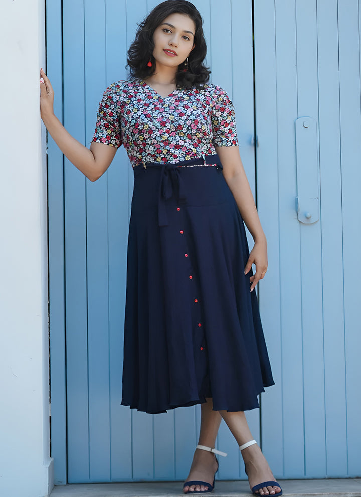 Navy Blue Rayon Flower Printed Western Dress