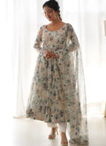 Off White Digital Printed Soft Organza Dress With Dupatta