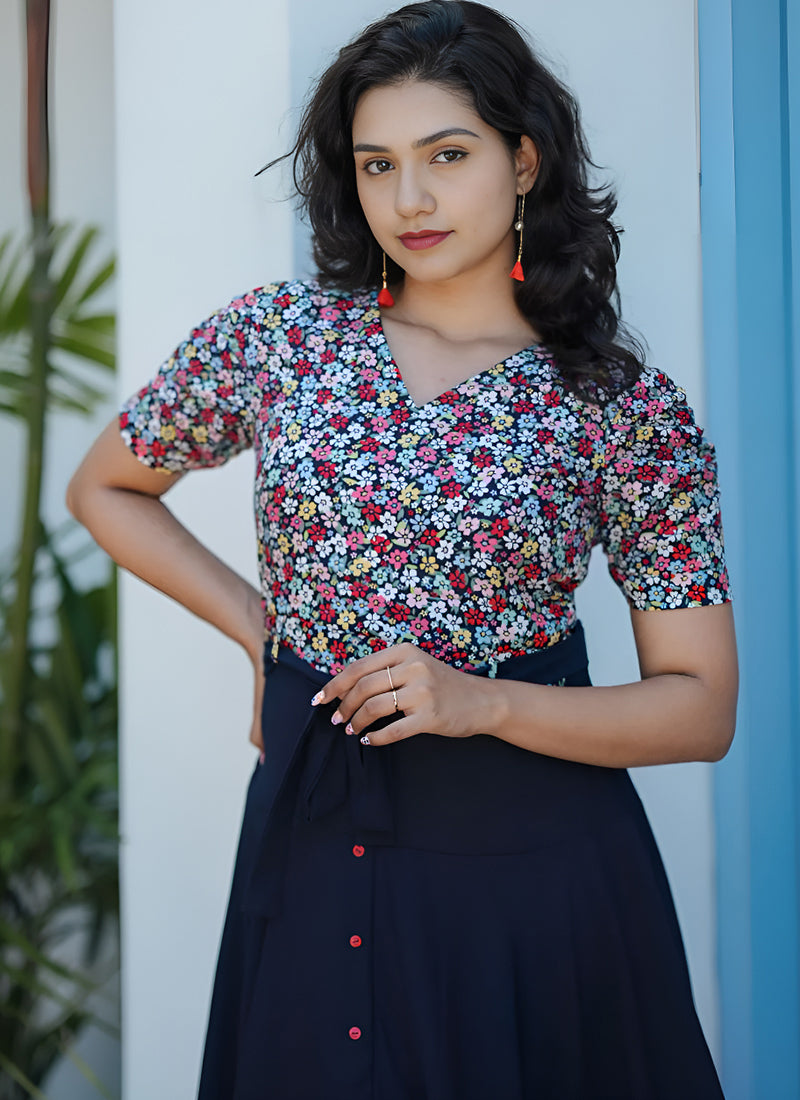 Navy Blue Rayon Flower Printed Western Dress