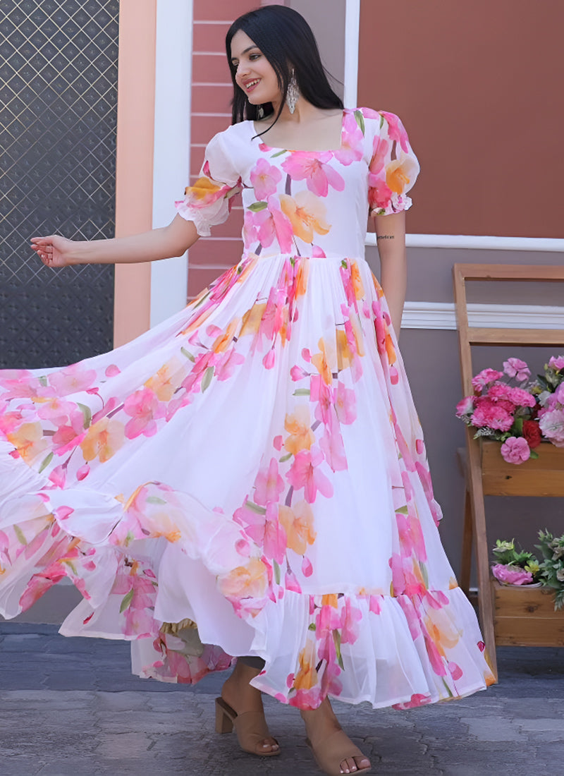 White And Pink Flower Printed Georgette Partywear Dress Shinisha White And Pink Flower Printed Georgette Partywear Dress Shinisha