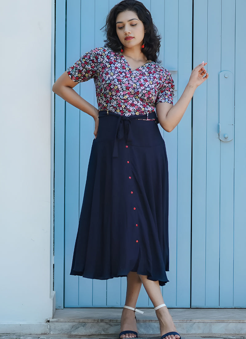 Navy Blue Rayon Flower Printed Western Dress