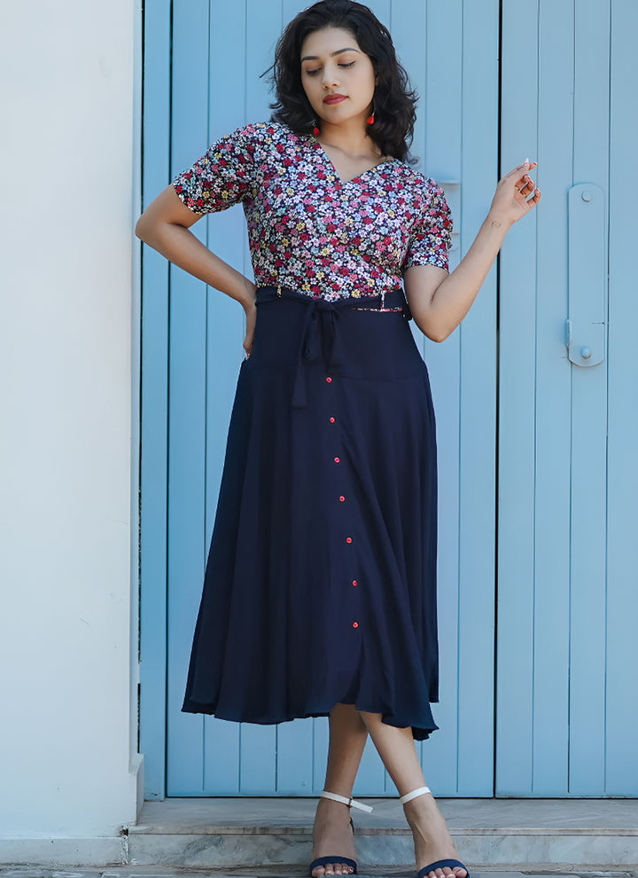 Navy Blue Rayon Flower Printed Western Dress