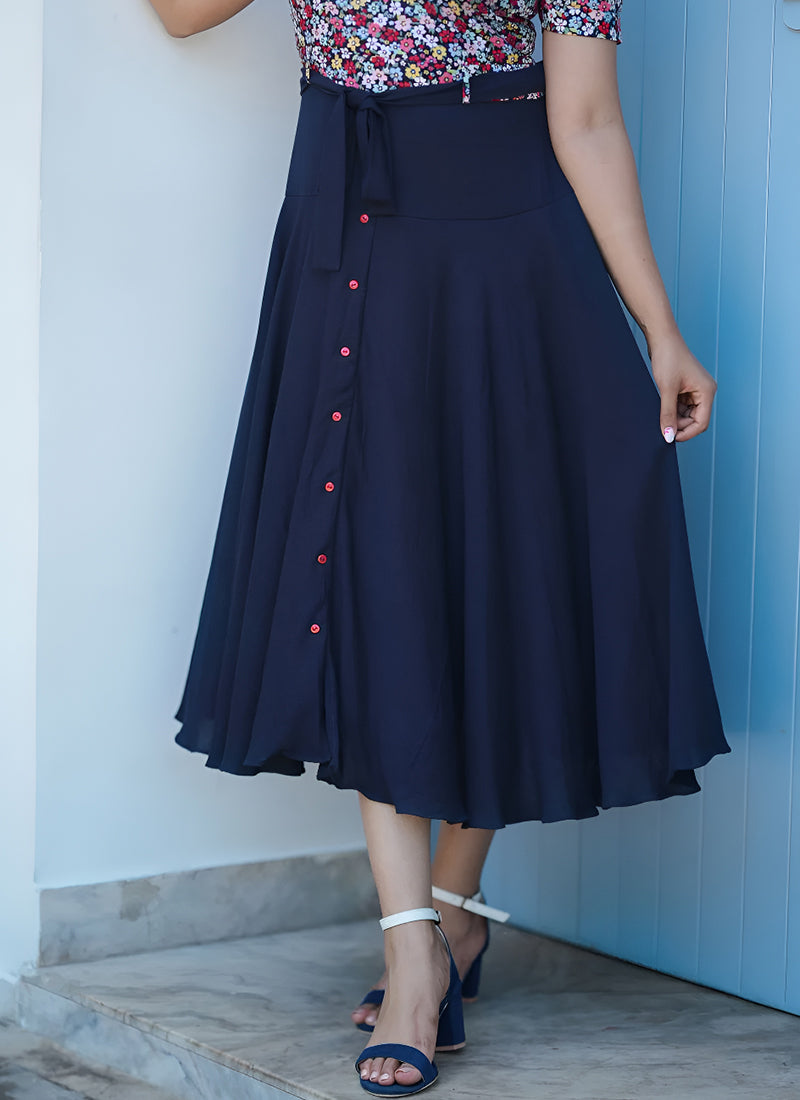 Navy Blue Rayon Flower Printed Western Dress