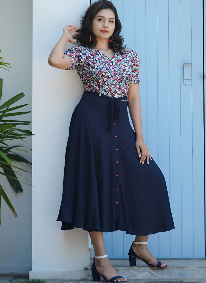 Navy Blue Rayon Flower Printed Western Dress