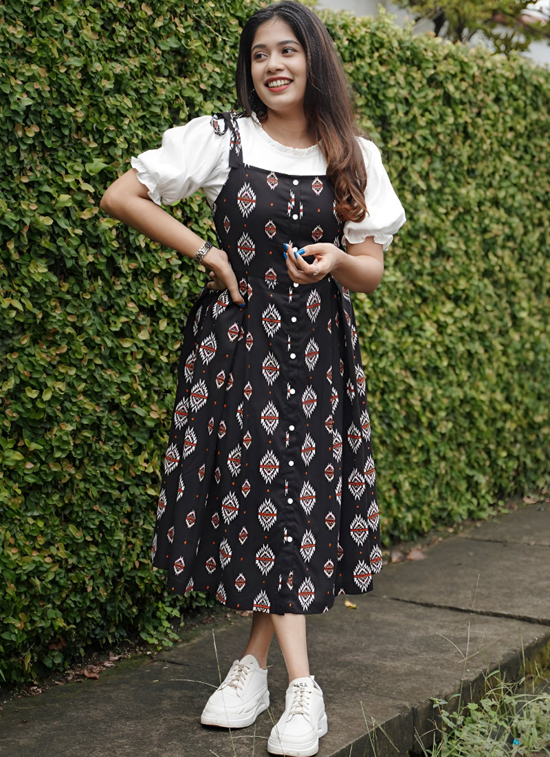 Gripping Black Rayon Ekat Print Dungaree Dress Shinisha