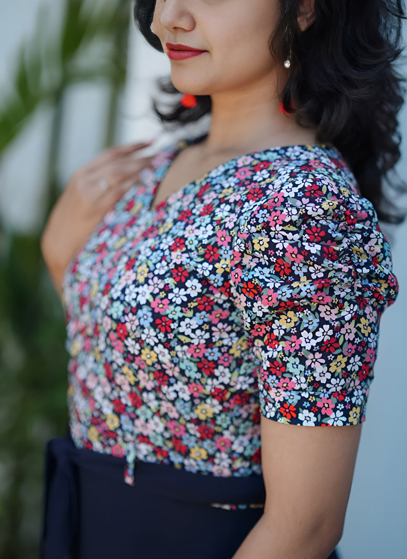 Navy Blue Rayon Flower Printed Western Dress