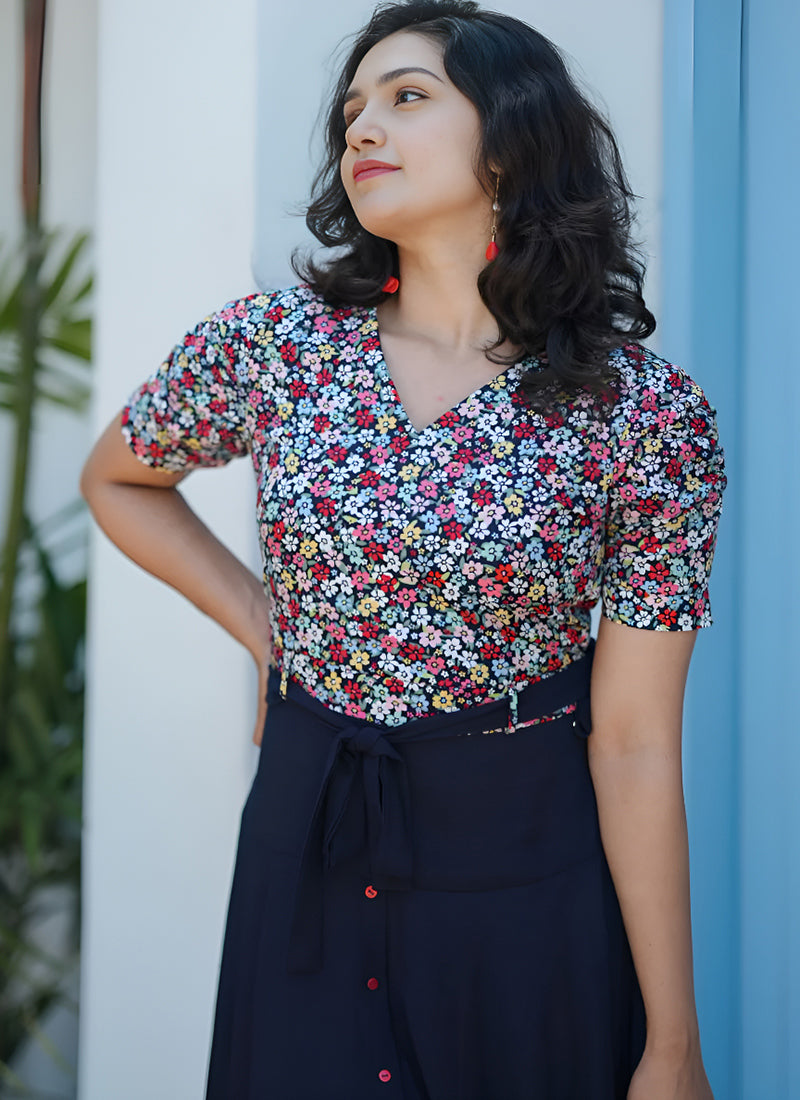 Navy Blue Rayon Flower Printed Western Dress