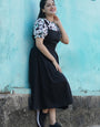 Black Rayon Flower Printed Outwear Dungaree Dress