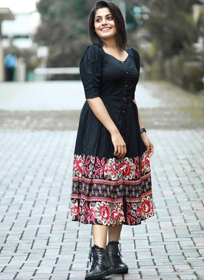 Black Rayon Floral Printed Party Wear Dress