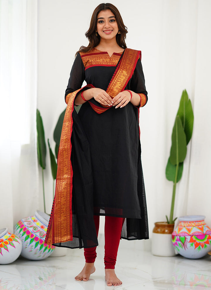 Black Woven Kanchi Cotton Kurta Set For Casual Wear