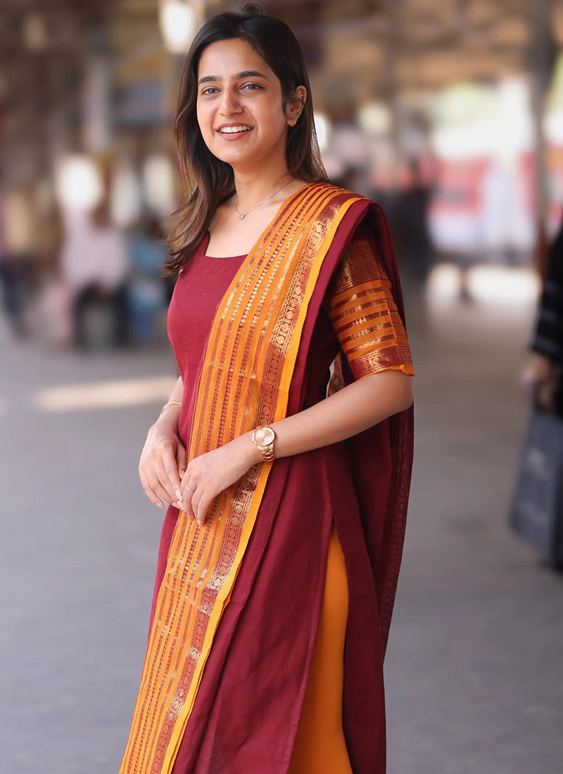 Maroon Kanchi Cotton Weaving Ceremonial Kurta And Dupatta